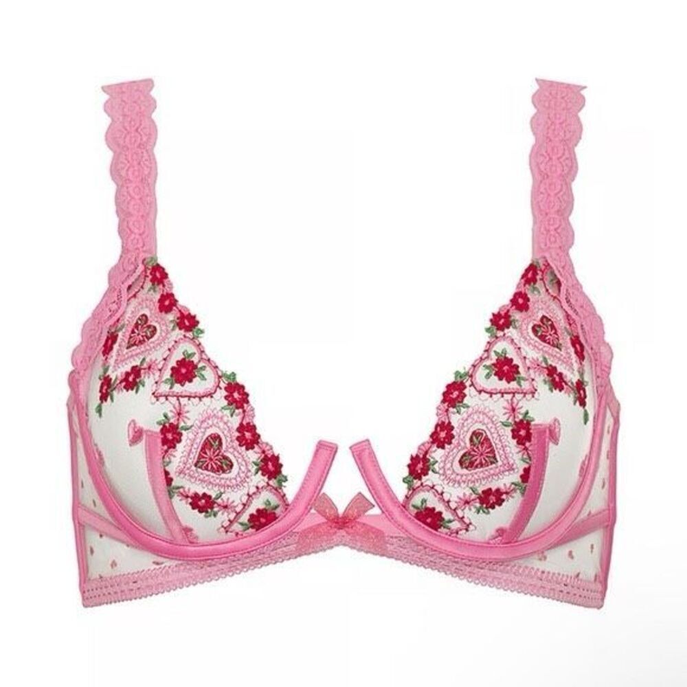 NWT For Love & Lemons Doiley Heart Bra In Pink Size 32A